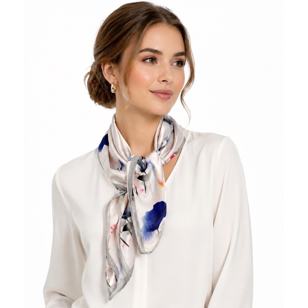 Floral Lotus Print Silk Blend Square‎ Scarf Navy Blue Pink Grey Luxe Chic 105-28